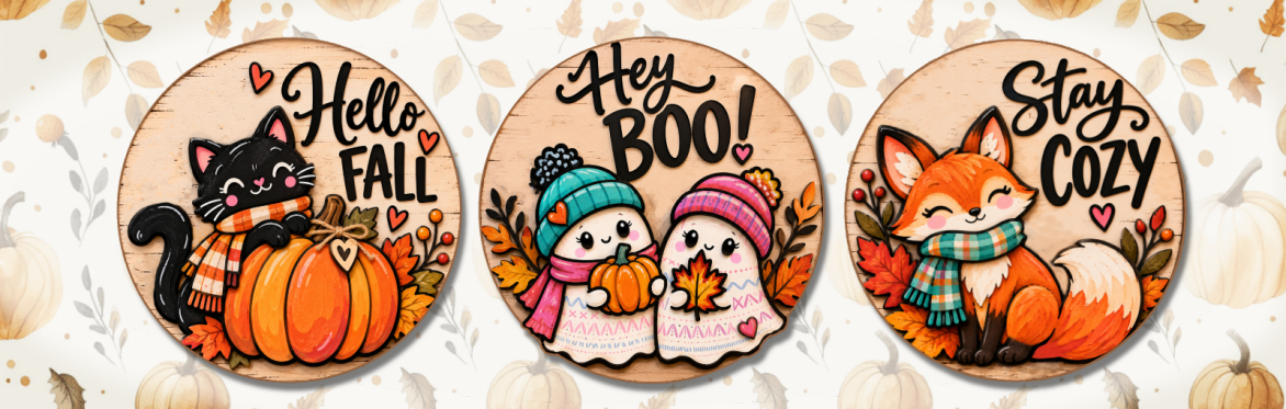 wood sign big and little ghost, fox, cat fall autumn