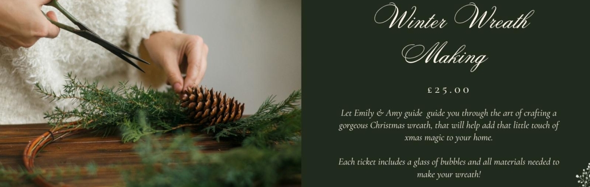 hands holing scissors making a Christmas wreath with event details