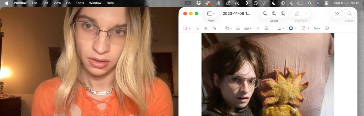 A screenshot with two tabs up. The left tab shows a woman with blonde hair and glasses, and the right hand tab shows a light brown