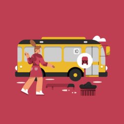 Flat-style illustration of a girl standing by a bus stop.