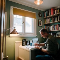 This is an image of a person writing at a desk.