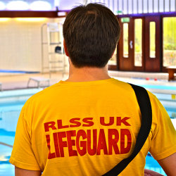 Rear view of a male Lifeguard on poolside