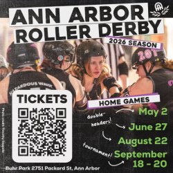 Ann Arbor Roller Derby blockers are focused, getting ready for the jam to start.