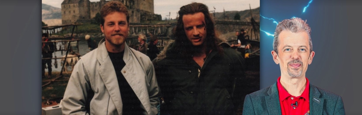 Gregory Wilden and Christopher Lambert behind the scenes at the filming of Highlander, with the Royal Armouries Jonathan Ferguson superimposed in the foreground of the image