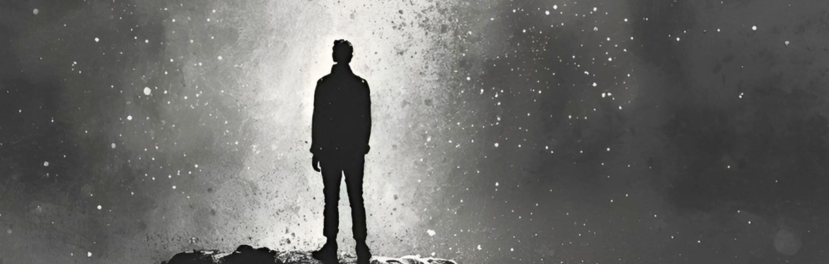human silhouette looking up at a sky of stars