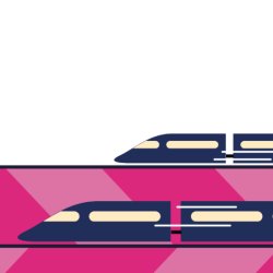 A graphic of two trains running from right to left across the screen, with a track in two shades of pink beneath them