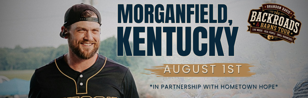 Singer Brandon Davis smiles on a stage. Text details on the image say He will be performing in Morganfield, KY on August 1st as part of his Backroads and Barns Tour