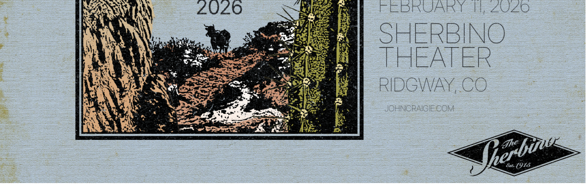 Promotional poster for musician John Craigie’s Winter 2026 tour. The artwork shows a desert landscape with an owl on the left, a tall cactus on the right, and a silhouette of a cow in the distance