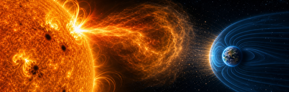 A wide illustration of the Sun and Earth against deep space. Dark sunspots and glowing magnetic loops cover the Sun, while a fiery coronal mass ejection expands toward Earth