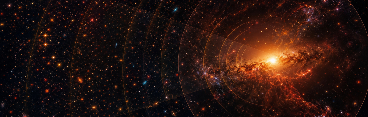 A dense infrared view of space filled with countless red, orange and blue points of light. Curved survey lines converge on an exceptionally bright, dust-shrouded golden galaxy