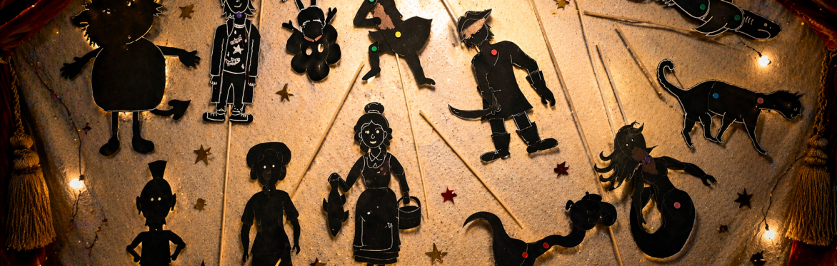 The image shows various shadow puppets