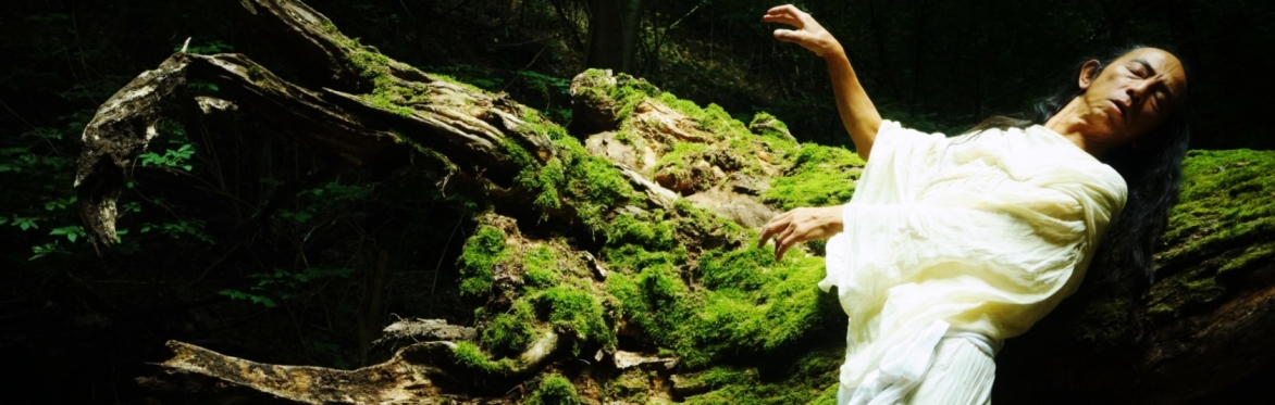 Atsushi dancing in a white costume in front of a green moss-covered tree. Credit: Hiroko Komiya.