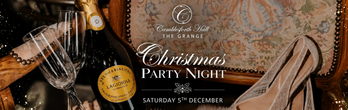 Wording: Christmas Party Night - Saturday 5th December 2026 Imagery: Champagne and party shoes
