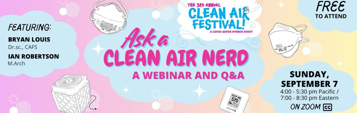 Rainbow graphic with event details, light blue clouds, and sketches of air cleaners, masks and CO2 monitors.