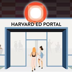 A cartoon image of two people walking into the front door of the Ed Portal.