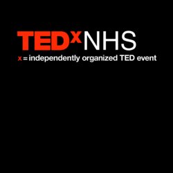 TEDxNHS logo with ‘TED’ in red, ‘x’ in red, and ‘NHS’ in white, with the tagline ‘x = independently organized TED event’ below on the black background