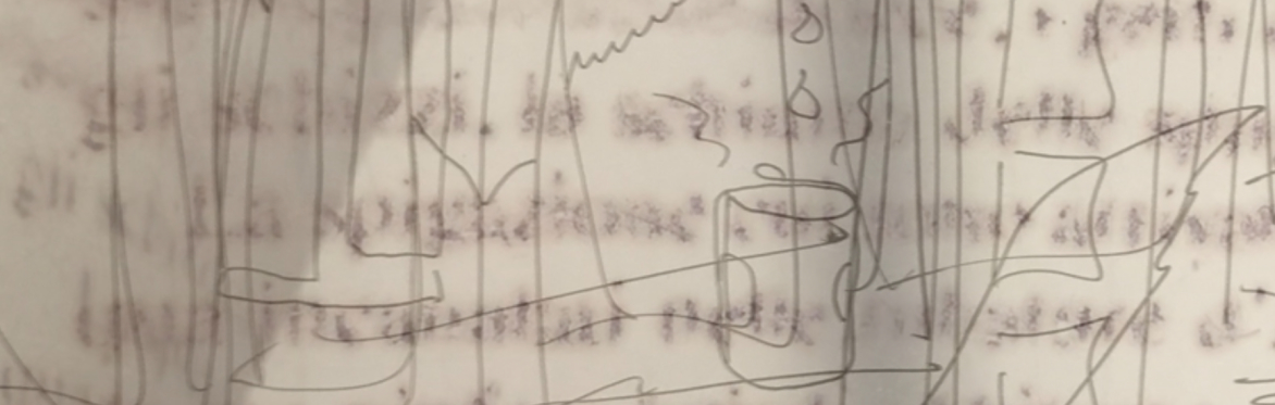 a palimsest of illegible printed text and line drawing on a yellowed paper with shadows