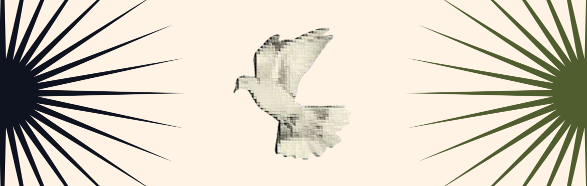Pixelated dove on a cream backgrond with two cactus line stars either side.