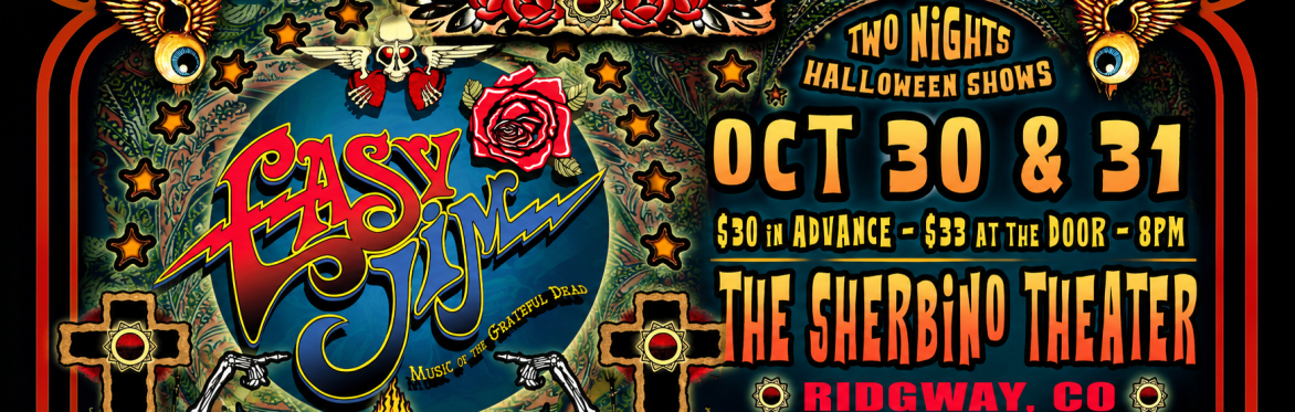 Poster for Young & Dead performing at The Sherbino in Ridgway, Colorado on September 12, 2026. The graphic includes large yellow psychedelic-style lettering on a purple outer-space themed background