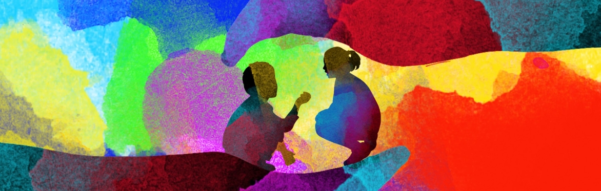 Illustration in multi colours with two children facing each other, squatting down and sharing their thoughts