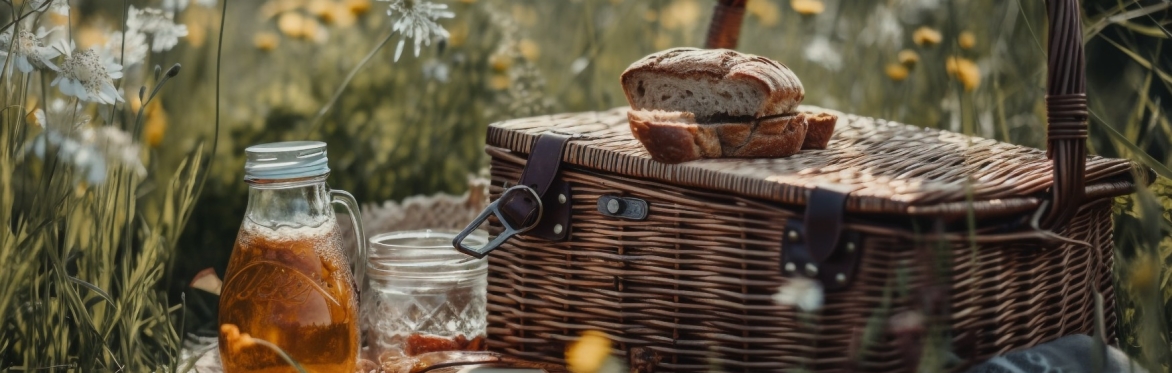 A picnic basket filled with bread, cheese, and glasses, surrounded by greenery, herbs, and flowers.
