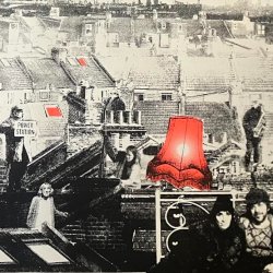 A black and white collage of rooftops and people across an urban neighbourhood. A bright red lampshade stands out among the rooftops.
