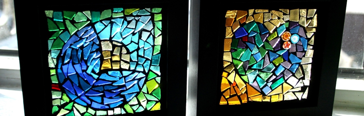 Two completed framed glass-on-glass mosaics