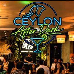 Promotional banner for Ceylon After Dark, featuring a lively crowd dancing in a warmly lit venue with the event title displayed prominently.