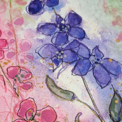 Painting of larkspur in an expressive multi-media style