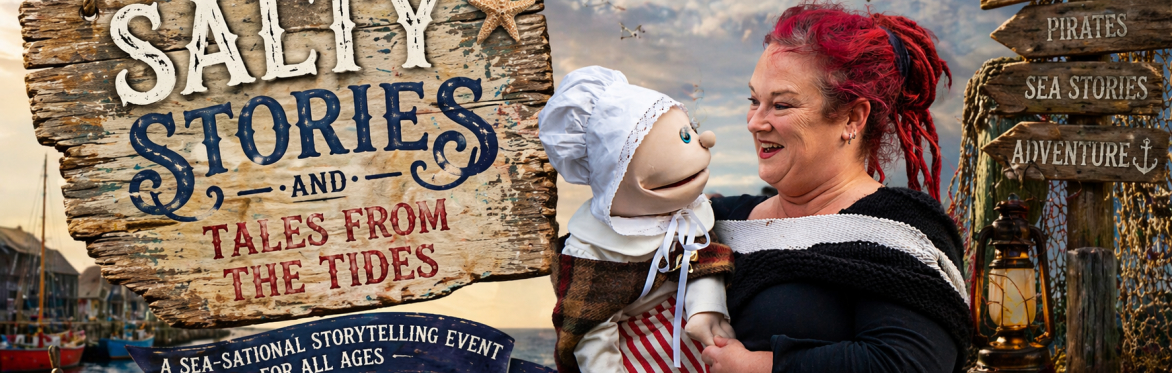 Salty Stories and Tales from the Tides, Pauline poses with fishwife puppet Elsie