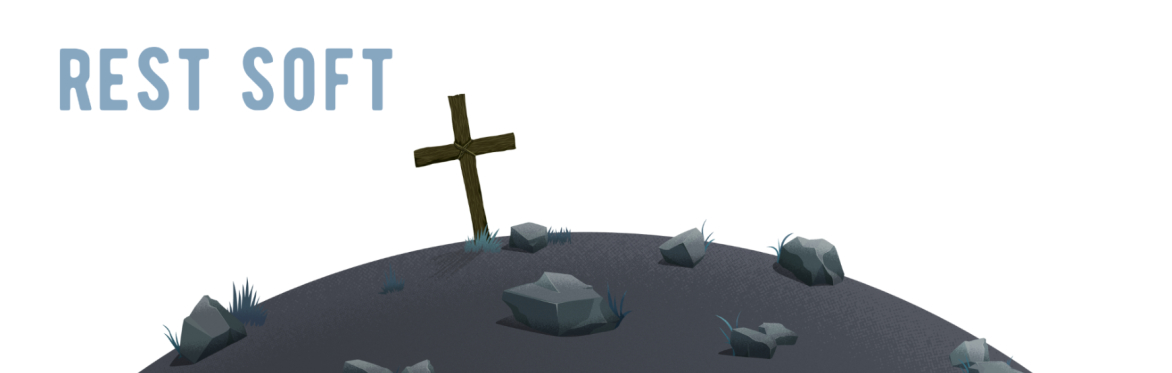 The image shows the text "REST SOFT" above a simple scene of a hill with rocks and a wooden cross.