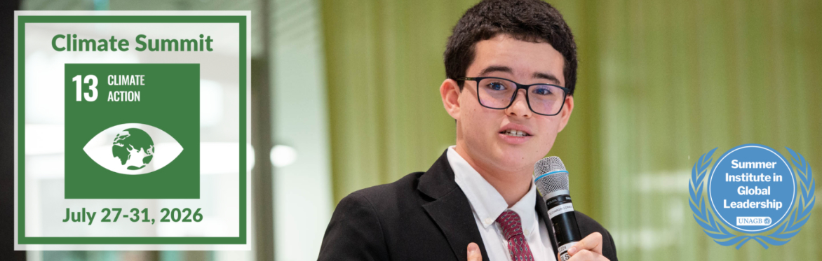 Student smiling with the icon for UNAGB's Summer Institute about Climate Action overlaid.