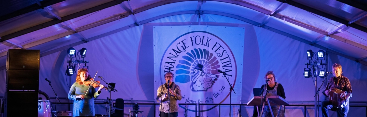 A band on main stage for an evening concert.