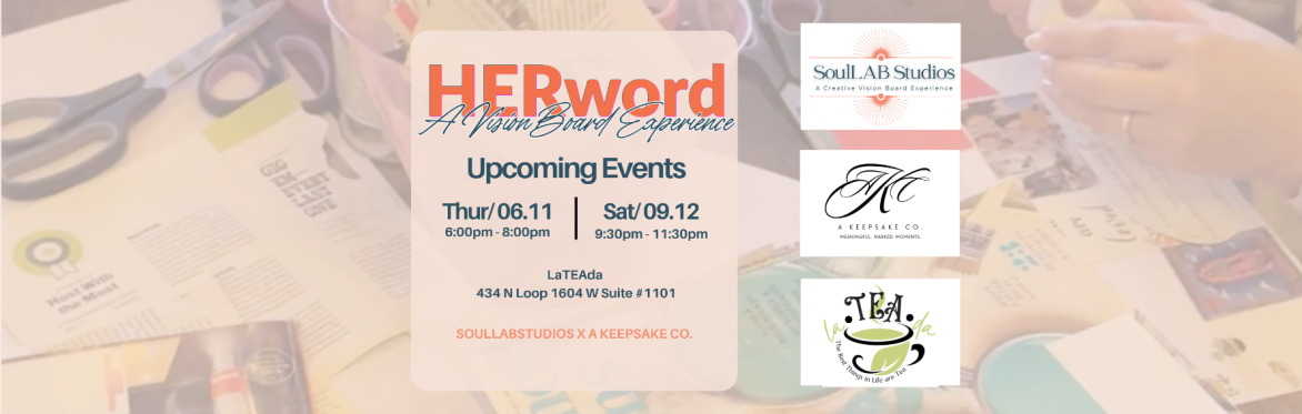 Banner image for HERword: A Vision Board Experience, presented by SoulLab Studios x A Keepsake Co. Background photo shows hands cutting and arranging magazine clippings on a table with scissors and cr