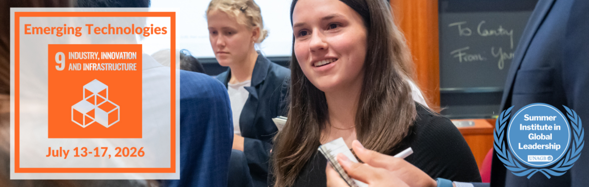 Student smiling with the icon for UNAGB's Summer Institute about Emerging Technologies overlaid.