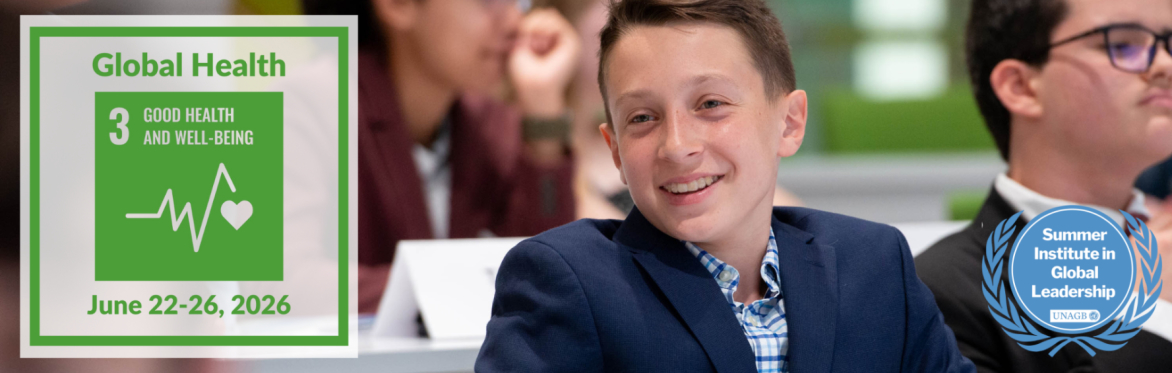 Student smiling with the icon for UNAGB's Summer Insitute about global health overlaid.
