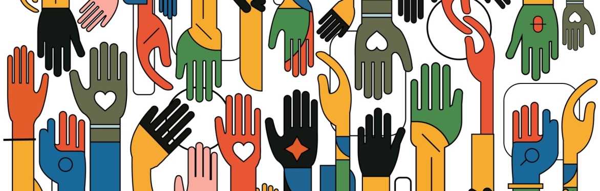 An infographic with two rows of different coloured hands reaching out to each other