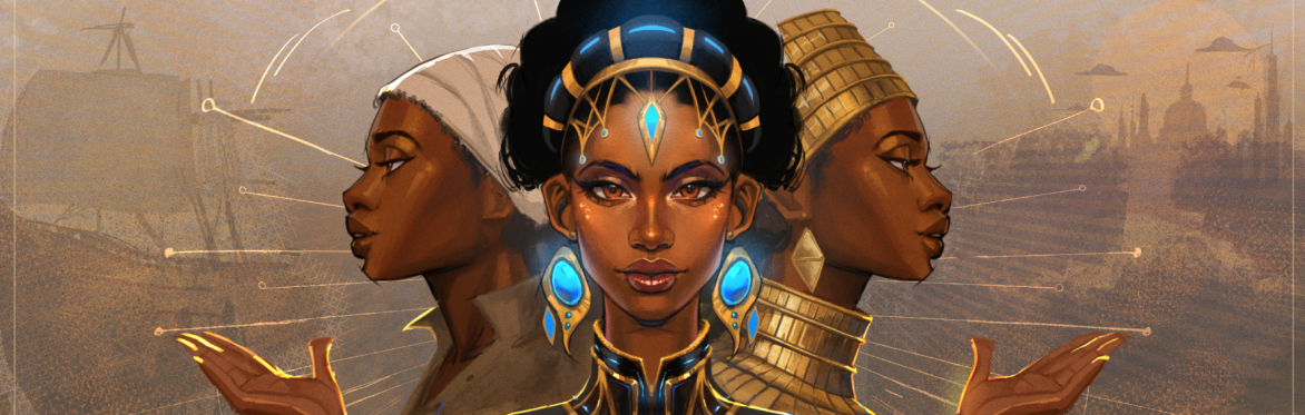 Virtuous Con banner with 3 woman representing the past, present, and future.