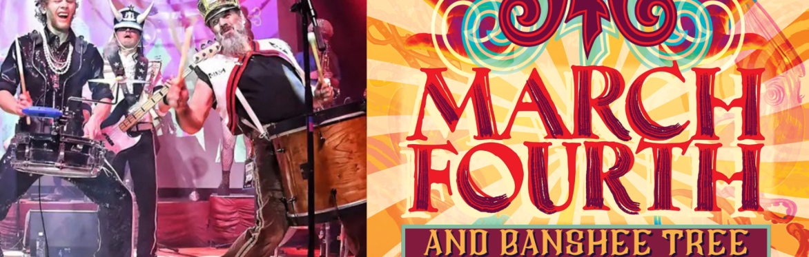 A vibrant concert poster for MarchFourth and Banshee Tree at the Montrose Pavilion on April 14. The left side features a high-energy photo of MarchFourth performers in colorful marching band costumes