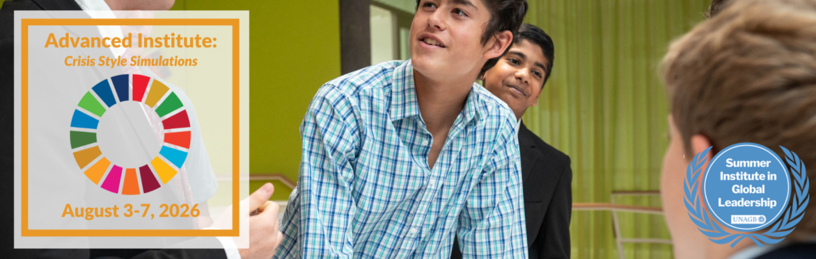 Student smiling with the icon for UNAGB's Summer Institute about Crisis Style Simulations overlaid.