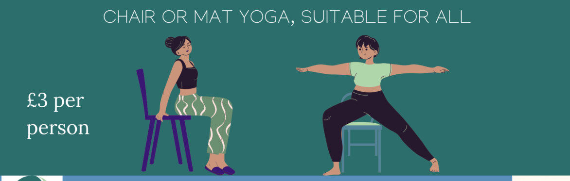 two cartoon women practicing chair yoga