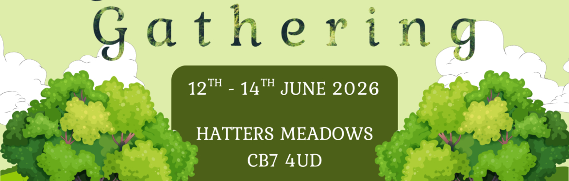 The greenoaks gsthering logo, the event dates of 12th-14th June and the postcode of the venue CB7 4UD