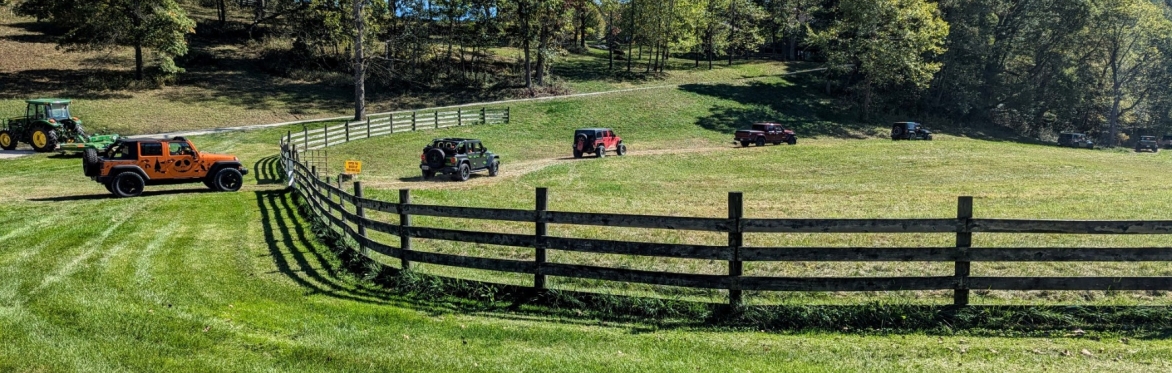 Jeeps driving through open pasture