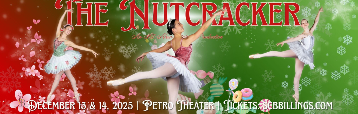 SCB presents The Nutcracker, an all-new original production.  Over a background of red and green, Dew Drop spreads petals, Snow Queen swirls snow, and Sugar Plum sends a cascade of candy.  Dec 13 & 14
