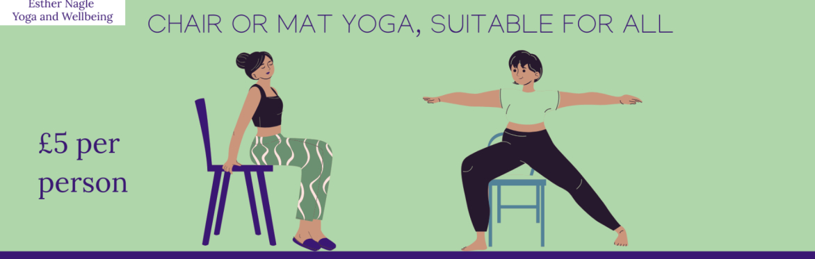 two cartoon women practicing chair yoga