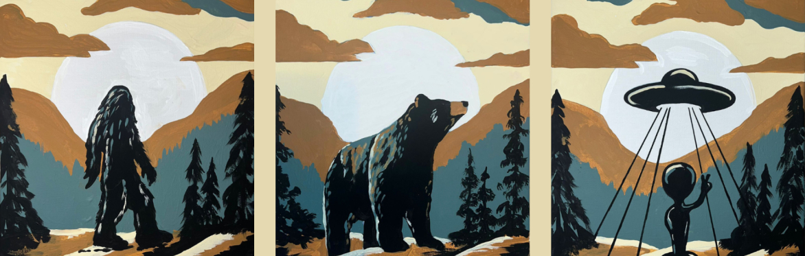 Three stylized landscape scenes depict a forest at dusk, each featuring a mysterious figure: Bigfoot walking through the woods, a bear standing alert among trees, and an alien being beamed up by a UFO