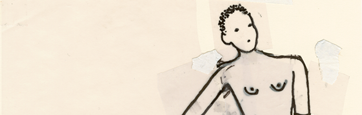 A line drawing of a naked woman with short hair on a cream background