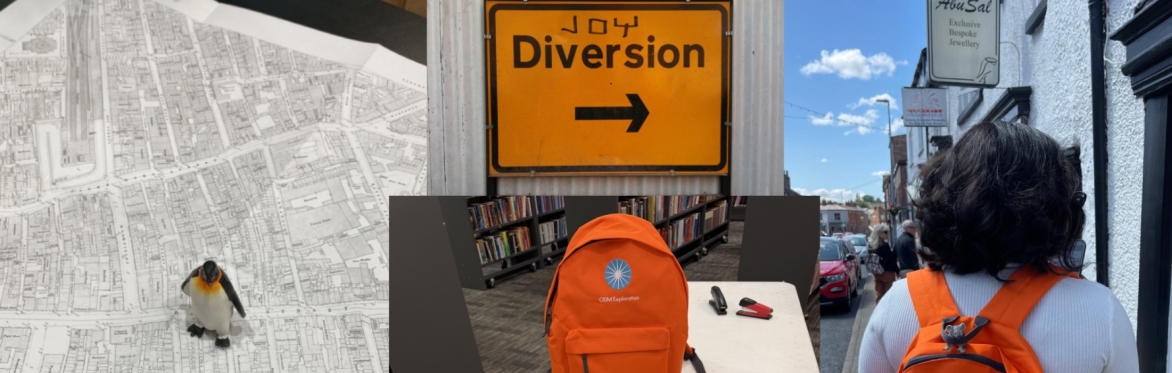 Middle bottom image: Diversion sign against a wall with Joy graffitied at the top. Left hand image old street map of Liverpool with a penguin toy standing in the middle of it.