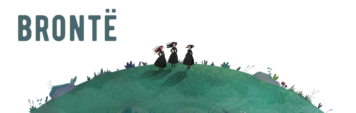 The image shows a minimalist illustration of three figures in 19th-century attire standing on a grassy hill, with the word "BRONTË" prominently displayed above them.