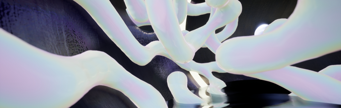 white, almost irridescent biomorphic tubes. They seem to be moving toward a slither of light between two dark walls above a body of water.